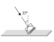 <strong>Joe is painting the floor of his basement using a paint roller. The roller has a mass of 2.4 kg and a radius of 3.8 cm. In rolling the roller across the floor, Joe applies a force F = 16 N directed at an angle of 35° as shown. Ignoring the mass of the roller handle, what is the magnitude of the angular acceleration of the roller? </strong> A)7.2 × 10<sup>1</sup> rad/s<sup>2</sup> B)1.0 × 10<sup>2</sup> rad/s<sup>2</sup> C)1.7 × 10<sup>2</sup> rad/s<sup>2</sup> D)2.3 × 10<sup>2</sup> rad/s<sup>2</sup> E)2.8 × 10<sup>2</sup> rad/s<sup>2</sup>