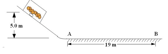 <strong>A 9.0-kg box of oranges slides from rest down a frictionless incline from a height of 5.0 m. A constant frictional force, introduced at point A, brings the block to rest at point B, 19 m to the right of point A. What is the speed of the box just before it reaches point A?</strong> A)98 m/s B)21 m/s C)9.9 m/s D)5.7 m/s E)4.4 m/s
