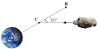 <strong>The radius of the earth is 6400 km. An incoming meteorite approaches the earth along the trajectory shown. The point C in the figure is 6400 km above the earth's surface. The point A is located at the earth's center. At point C, what acceleration would the meteorite experience due to the earth's gravity? </strong> A)9.8 m/s<sup>2</sup> toward A B)2.5 m/s<sup>2</sup> toward A C)2.5 m/s<sup>2 </sup>toward B D)5.0 m/s<sup>2</sup> toward B E)5.0 m/s<sup>2 </sup>toward A
