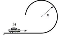 <strong>A small car of mass M travels along a straight, horizontal track. As suggested in the figure, the track then bends into a vertical circle of radius R. What is the minimum acceleration that the car must have at the top of the track if it is to remain in contact with the track?</strong> A)4.9 m/s<sup>2</sup>, downward B)4.9 m/s<sup>2</sup>, upward C)9.8 m/s<sup>2</sup>, downward D)9.8 m/s<sup>2</sup>, upward E)19.6 m/s<sup>2</sup>, upward