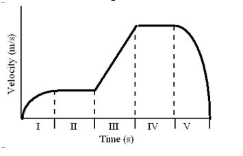 <strong>A 2.0-kg object moves in a straight line on a horizontal frictionless surface. The graph shows the velocity of the object as a function of time. The various equal time intervals are labeled using Roman numerals: I, II, III, IV, and V. The net force on the object always acts along the line of motion of the object. Which section(s) of the graph corresponds to a condition of zero net force?</strong> A)V only B)III only C)II and IV D)II, III, and IV E)I, III, and V