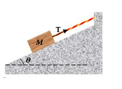 <strong>A block of mass M is held motionless on a frictionless inclined plane by means of a string attached to a vertical wall as shown in the drawing. -If the string breaks, what is the magnitude of the acceleration of the block as it slides down the inclined plane?</strong> A)zero m/s<sup>2</sup> B)g C)g cos \theta D)g sin \theta E)g tan \theta