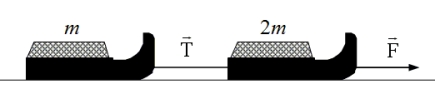 <strong>Two sleds are hooked together in tandem as shown in the figure. The front sled is twice as massive as the rear sled. The sleds are pulled along a frictionless surface by an applied force . The tension in the rope between the sleds is . Determine the ratio of the magnitudes of the two forces, . </strong> A)0.25 B)0.33 C)0.50 D)0.67 E)2.0