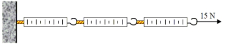 Three spring scales are attached along a straight line as shown. The scale on the left is attached to a wall. A force of 15 N is applied to the scale at the right.   What is the reading on the middle scale?