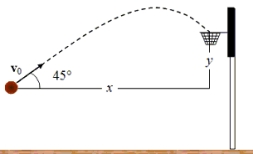 <strong>A basketball is launched with an initial speed of 8.0 m/s and follows the trajectory shown. The ball enters the basket 0.96 s after it is launched. What are the distances x and y? Note: The drawing is not to scale. x y</strong> A)5.4 m 0.73 m B)7.7 m 0.91 m C)5.4 m 0.91 m D)5.7 m 0.73 m E)5.4 m 5.4 m