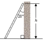 <strong>A 3.0-m ladder leans against a wall and makes an angle with the wall of 28° as shown in the drawing. What is the height h above the ground where the ladder makes contact with the wall? </strong> A)2.6 m B)2.3 m C)2.1 m D)1.9 m E)1.6 m