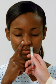 <strong>The client in the photograph is having a cranial nerve assessment. Which cranial nerve is the nurse assessing? </strong> A) Olfactory nerve (cranial nerve I). B) Optic nerve (cranial nerve II). C) Oculomotor nerve (cranial nerve III). D) Trochlear nerve (cranial nerve IV).