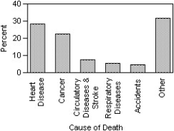 <strong>The Centers for Disease Control in the U.S.A.lists causes of death for individual states in 2002.The mortality data for one state is given. Which of the following displays is/are appropriate for these data? (More than one display may be appropriate. ) I II III </strong> A)II,III B)I,II,III C)I D)I,II E)None of these displays are appropriate.