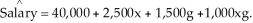 <strong>The manager of a human resources department wishes to predict the salary of an employee based on years of experience,x,and gender,g.(g = 1 for a male employee and 0 for a female employee.)A random sample of 50 employees results in the following least-squares regression equation: What is the least-squares regression line for predicting the salary of female employees?</strong> A) = 40,000 + 4,000x B) = 41,500 + 1,500g C) = 40,000 + 2,500x D) = 40,000 + 3,500x E) = 41,500 + 3,500x