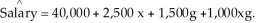 <strong>The manager of a human resources department wishes to predict the salary of an employee based on years of experience,x,and gender,g.(g = 1 for a male employee and 0 for a female employee.)A random sample of 50 employees results in the following least-squares regression equation: Interpret the value of the coefficient of gender (g).</strong> A)We predict that a woman with 0 years of experience will make $1,500 more than a man with 0 years of experience. B)We predict that a man with 0 years of experience will make $1,000 more than a woman with 0 years of experience. C)We predict that a man with 0 years of experience will make $2,500 more than a woman with 0 years of experience. D)We predict that a man with 0 years of experience will make $1,500 more than a woman with 0 years of experience. E)We predict that a woman with 0 years of experience will make $2,500 more than a man with 0 years of experience.