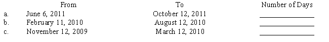 Compute the number of days upon which interest would be computed in the following situations. Check for leap years. 