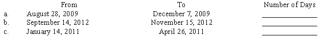 Compute the number of days upon which interest would be computed in the following situations. Check for leap years. 