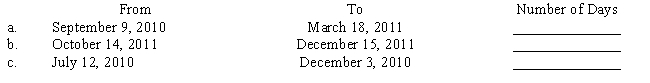 Compute the number of days upon which interest would be computed in the following situations. Check for leap years. 