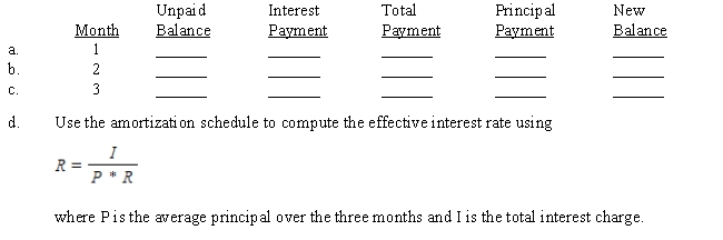 Cathy Cortez-Ochoa borrowed $4,000 from her uncle who amortized the loan at 4.5% over 3 months. Using Table 14-1, the first two monthly payments are $1,343.35 each. (The last payment may be slightly different.) Complete the amortization schedule and solve the effective rate problem.  <div style=padding-top: 35px> 