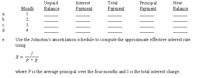 Bill and Dick Johnston wanted to borrow $15,500 for four months for their business. A local bank offered to make a loan to be amortized at 12%. Using Table 14-1, the first three monthly payments are $3,972.36 each. (The last payment may be slightly different.) Complete the amortization schedule and solve the effective rate problem. ​  <div style=padding-top: 35px> 