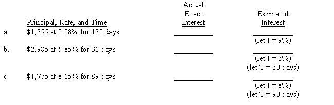 In each problem, (1) compute the actual exact interest (365-day year) and (2) estimate the interest by rounding the principal to the nearest hundred dollars. For each estimate, assume that a year has 360 days and use the given suggestion to create a shortcut. 