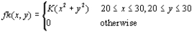 Each front tire on a particular type of vehicle is supposed to be filled to a pressure of 26 psi. Suppose the actual air pressure in each tire is a random variable-X for the right tire and Y for the left tire, with joint pdf a. What is the value of K? b. What is the probability that both tires are underfilled? c. What is the probability that the difference in air pressure between the two tires is at most 2 psi? d. Determine the (marginal) distribution of air pressure in the right tire alone. e. Are X and Y independent random variables?