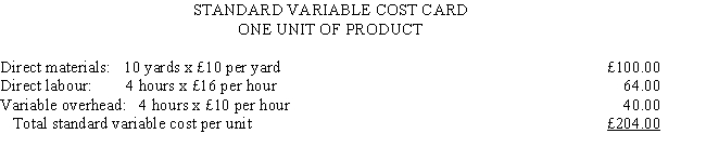 Lisle Manufacturing has developed the following standards for one of its products: The company records materials price variances at the time of purchase. During August, Lisle purchased 16,000 yards of material costing £169,600 and used 12,500 yards in its manufacturing process. There was no material inventory at August 1. Lisle recorded a total of 4,600 direct labour hours worked for a total payroll of £72,680. Lisle manufactured 1,200 units in August. Required: a. Calculate the materials price variance and indicate whether it is favorable or unfavorable. b. Calculate the materials usage variance and indicate whether it is favorable or unfavorable. c. Calculate the labour rate variance and indicate whether it is favorable or unfavorable. d. Calculate the labour efficiency variance and indicate whether it is favorable or unfavorable.