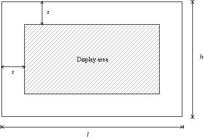 A picture frame has a length l = 12 inches and a height h = 5 inches (see figure). If the frame width is x inches, write an expression for the display area of the frame.  <div style=padding-top: 35px> 
