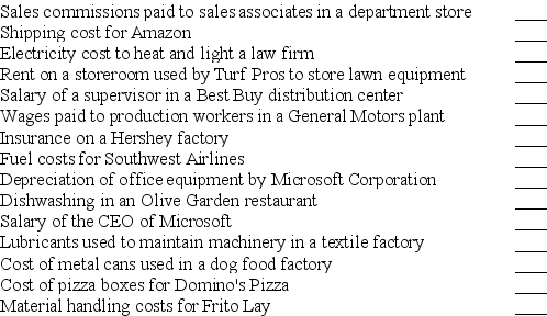 Costs that might be incurred by service, merchandising, and manufacturing companies are described below: Required: Classify each cost as variable (V) or fixed (F) with respect to volume or level of activity.