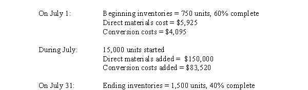 <strong>Use the following information for the next 8 questions. Hendrix, Inc. employs a process costing system. Direct materials are added at the beginning of the process. Here is information about July's activities: Using the weighted average method, the cost per equivalent unit for conversion costs was</strong> A) $5.80 B) $5.90 C) $6.00 D) $6.10
