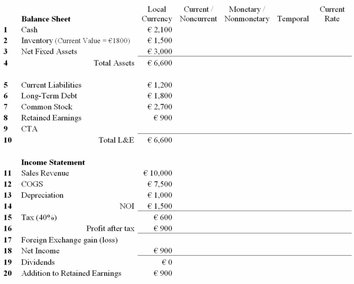 Fill out the 20 missing entries that translate the balance sheet and income statement for this French subsidiary using the Current/Noncurrent Method,the Monetary/Nonmonetary Method,the Temporal Method,and the Current Rate Method