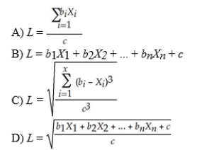 If bs are weights, Xs are input values, and c is a constant or intercept, provide the equation for discriminant functions, L.