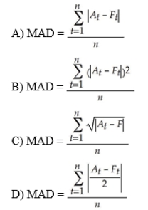 If the actual value of a time series at time t and the forecast value for time t is denoted by At and Ft respectively, then the formula for the mean absolute deviation over a range of forecasted values is .