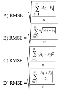 Identify the formula used to calculate the root mean square error over a range of forecasted values, if the actual value of the time series at time t and the forecast value for time t are denoted by At and Ft respectively.