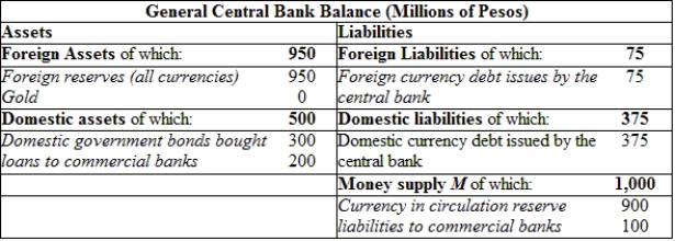 (Table: Central Bank Balance Sheet) In the balance sheet provided, if the central bank did not issue debt (domestic and foreign), then: