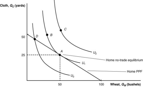 <strong>(Figure: Home Equilibrium with No Trade) Suppose that trade occurs and Home finds its comparative advantage in the production of wheat. How many bushels of wheat will it produce? </strong> A) 0 bushels B) 50 bushels C) 100 bushels D) between 50 and 100 bushels