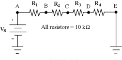 <strong> What is the resistance between points B and E in Figure 6 -3?</strong> A)40 kΩ B)10 kΩ C)30 kΩ D)20 kΩ