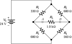 <strong> What approximate R1 resistor value would it take to balance this bridge circuit?</strong> A)680 Ω B)560 Ω C)330 Ω D)825 Ω