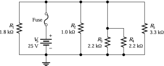 <strong> The voltage across R2 is 0 V. What is most likely the problem?</strong> A)R1 open B)fuse open C)R2 open D)none of the above
