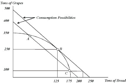 <strong>The following graph shows annual production and consumption possibilities for North Eastwood,a country in which only grapes and bread are consumed. If North Eastwood has a closed economy,the maximum amount of grapes its citizens can consume is __________ tons per year,and the maximum amount of bread its citizens can consume is __________ tons per year.</strong> A) 250;500 B) 350;175 C) 400;200 D) 175;350 E) 500;250.