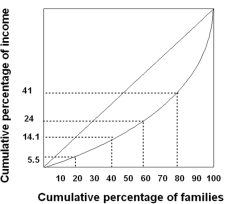 <strong>According to the Lorenz curve shown,the middle quintile of families earns </strong> A) 14.1% of the income. B) 24% of the income. C) 9.9% of the income. D) 38.1% of the income. E) 50.0% of the income.