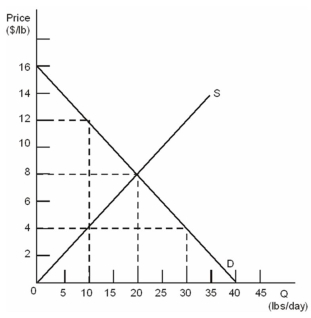 Daily Supply and Demand: Oranges in Hurricane Alley Refer to the figure above.What is the cost of harvesting the tenth pound of oranges?