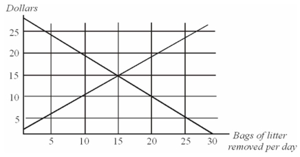 <strong>This graph shows the marginal costs and marginal benefits associated with roadside litter clean up.Assume that the marginal cost and marginal benefit curves slope in the usual directions.   Refer to the information given above.The socially optimal number of bags of litter removed from the roadside is:</strong> A) 10. B) 15. C) 20. D) <div style=padding-top: 35px> 