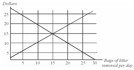 <strong>This graph shows the marginal costs and marginal benefits associated with roadside litter clean up.Assume that the marginal cost and marginal benefit curves slope in the usual directions.   Refer to the information given above.A state initiative requiring towns to spend at least $20 per day on litter removal would be __________ because __________.</strong> A) efficient;any and all reductions in litter are justified B) inefficient;the marginal costs exceed the marginal benefits C) inefficient;$20 is insufficient to remove all of the litter D) efficient;it solves the inefficiency in the market created by the negative externality <div style=padding-top: 35px> 