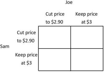 <strong>Joe is the owner of the 7-11 Mini Mart, Sam is the owner of the SuperAmerica Mini Mart, and together they are the only two gas stations in town. Currently, they both charge $3 per gallon, and each earns a profit of $1,000. If Joe cuts his price to $2.90 and Sam continues to charge $3, then Joe's profit will be $1,350, and Sam's profit will be $500. Similarly, if Sam cuts his price to $2.90 and Joe continues to charge $3, then Sam's profit will be $1,350, and Joe's profit will be $500. If Sam and Joe both cut their price to $2.90, then they will each earn a profit of $900. You may find it easier to answer the following questions if you fill in the payoff matrix below.   In this situation, the Nash equilibrium yields a:</strong> A)lower payoff than each would receive if each played his dominant strategy. B)higher payoff than each would receive if each played his dominant strategy. C)lower payoff than each would receive if each played his dominated strategy. D)the same payoff that each would receive if each played his dominated strategy. <div style=padding-top: 35px> 