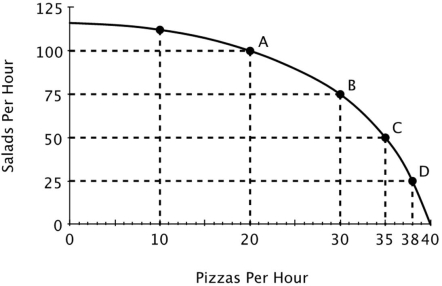 Refer to the figure below. If this restaurant makes 75 salads in one hour, then what's the maximum number of pizzas it can make in that same hour?