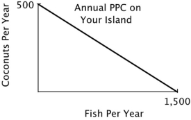 You are the Minister of Trade for a small island country with the following annual PPC: You are negotiating a trade agreement with a neighboring island with the following annual PPC: What's the minimum number of fish you would be willing to accept in exchange for a coconut?