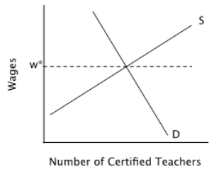 <strong>Suppose that this graph describes the current labor market for high school teachers: If the wage isw*, then:</strong> A)there will be a shortage of certified teachers. B)there will be a surplus of certified teachers. C)there will be neither a shortage nor a surplus of certified teachers. D)teachers will be underpaid.