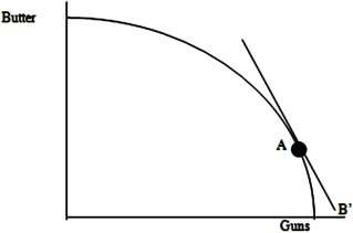 The diagram below shows the production possibilities frontier (PPF) for a country that produces guns (G) and butter (B). Most people in the country prefer guns, so in the absence of international trade, point A represents the combination of G and B that maximizes welfare. The slope of the PPF at point A is equal to -2.   Over the long run, do you think this country would be better off by shifting its production towards guns or butter? Please identify the most efficient production point in the PPF with trade. What would be the ratio of the prices at that point?<div style=padding-top: 35px> 