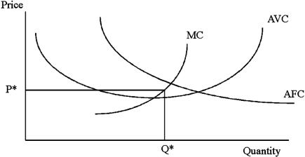 <strong>Which statement is true of the graph shown?  </strong> A)The marginal cost curve should not cross the AFC while it is falling. B)If an ATC curve was drawn in the graph it would intersect the MC curve but not any other curve. C)The shut down point of the firm would be at an output more than Q*. D)The marginal cost curve crosses the AFC curve at the lowest point of the AFC curve. <div style=padding-top: 35px> 