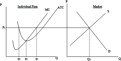<strong>In the long run, the typical firm in this market will produce a quantity equal to  </strong> A)q<sub>1</sub>. B)q<sub>2</sub>. C)q<sub>3</sub>. D)Q<sub>1</sub>. <div style=padding-top: 35px> 