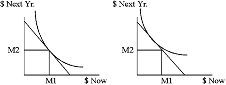 The graphs below show an economy of two people with identical incomes in two years. They have different preference patterns as shown.   Why is the market for loanable funds not in equilibrium?<div style=padding-top: 35px> 