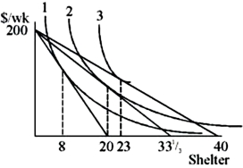 <strong>In the graph below, as the consumer moves from indifference curve 1 to 3, his  </strong> A)real income is rising and his nominal income is constant. B)real income is falling, and his nominal income is rising. C)real income is falling and nominal income is constant. D)real and nominal income are falling, but he can buy more anyway. <div style=padding-top: 35px> 