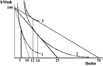 <strong>Which statement is definitely true about shelter in the above below?  </strong> A)It is a normal good throughout the range shown. B)It is an inferior good throughout the range shown. C)It has a positively sloped section in its demand curve. D)The income and substitution effects must be shown before any of these statements can be definitely true. <div style=padding-top: 35px> 