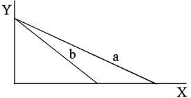 <strong>Which is true of the two budget lines drawn below?  </strong> A)Line a has a higher nominal income than line b. B)Line b and line a have the same nominal income. C)The absolute price of good Y is greater with budget line a than with budget line b. D)The price of good X is larger with budget line a. <div style=padding-top: 35px> 